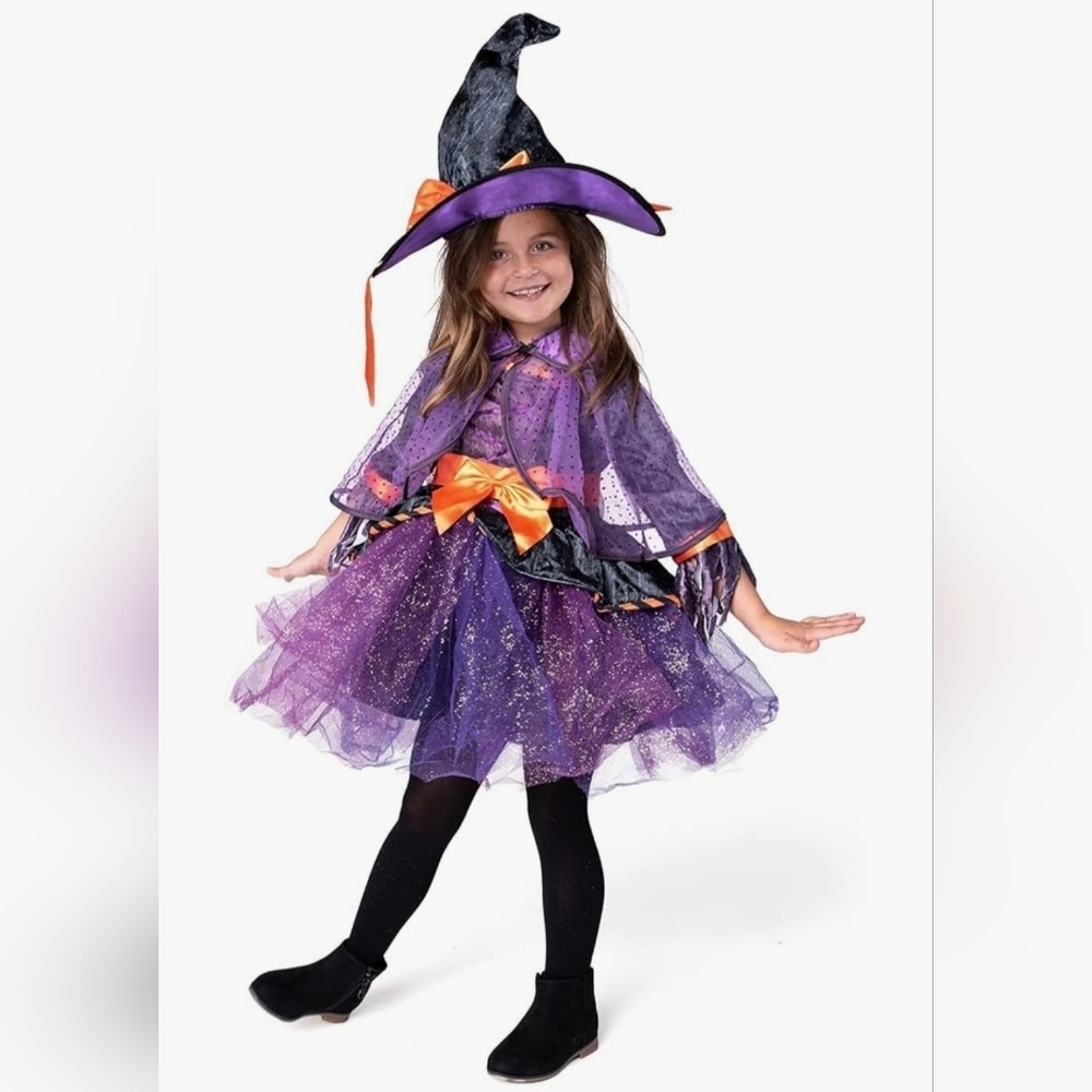 Kids Witch Costume Orange Purple Halloween Dress Outfit Girls Small 5-7 Ages